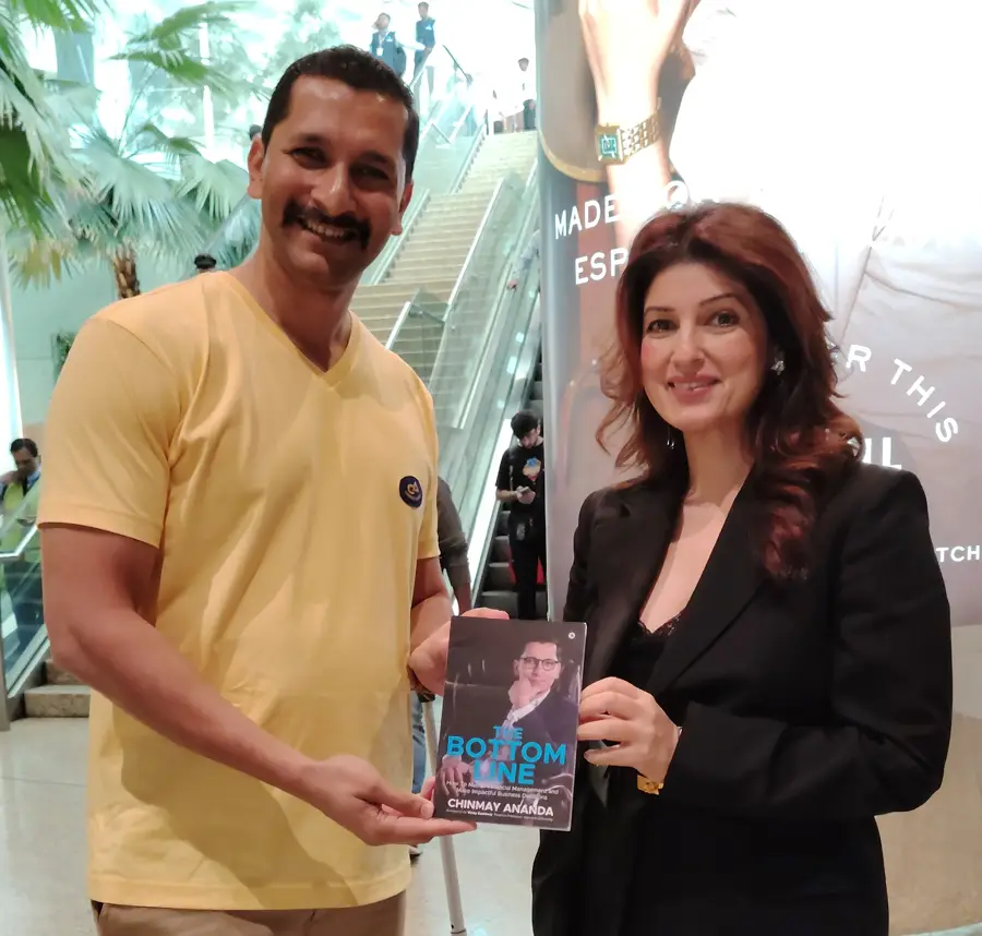 Twinkle Khanna, Author, columnist, film producer, and former actress with Chinmay Ananda's book
