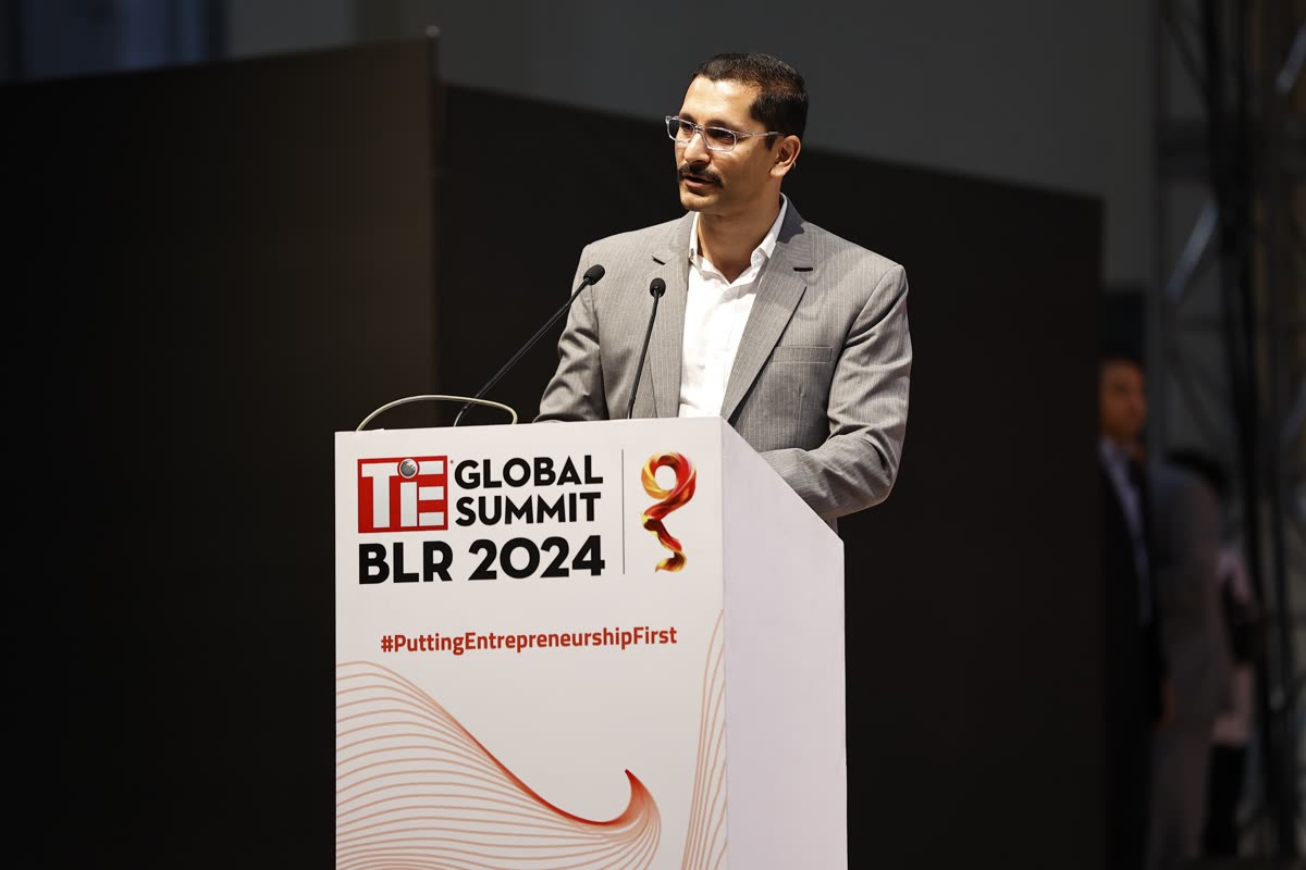 Chinmay at the TiE Global Summit Bangalore 2024 podium